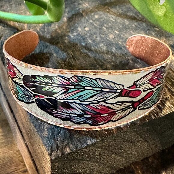Handmade Artisan Native American Feather Bracelets, Tribal Navajo Copper Cuff, - Picture 2 of 7